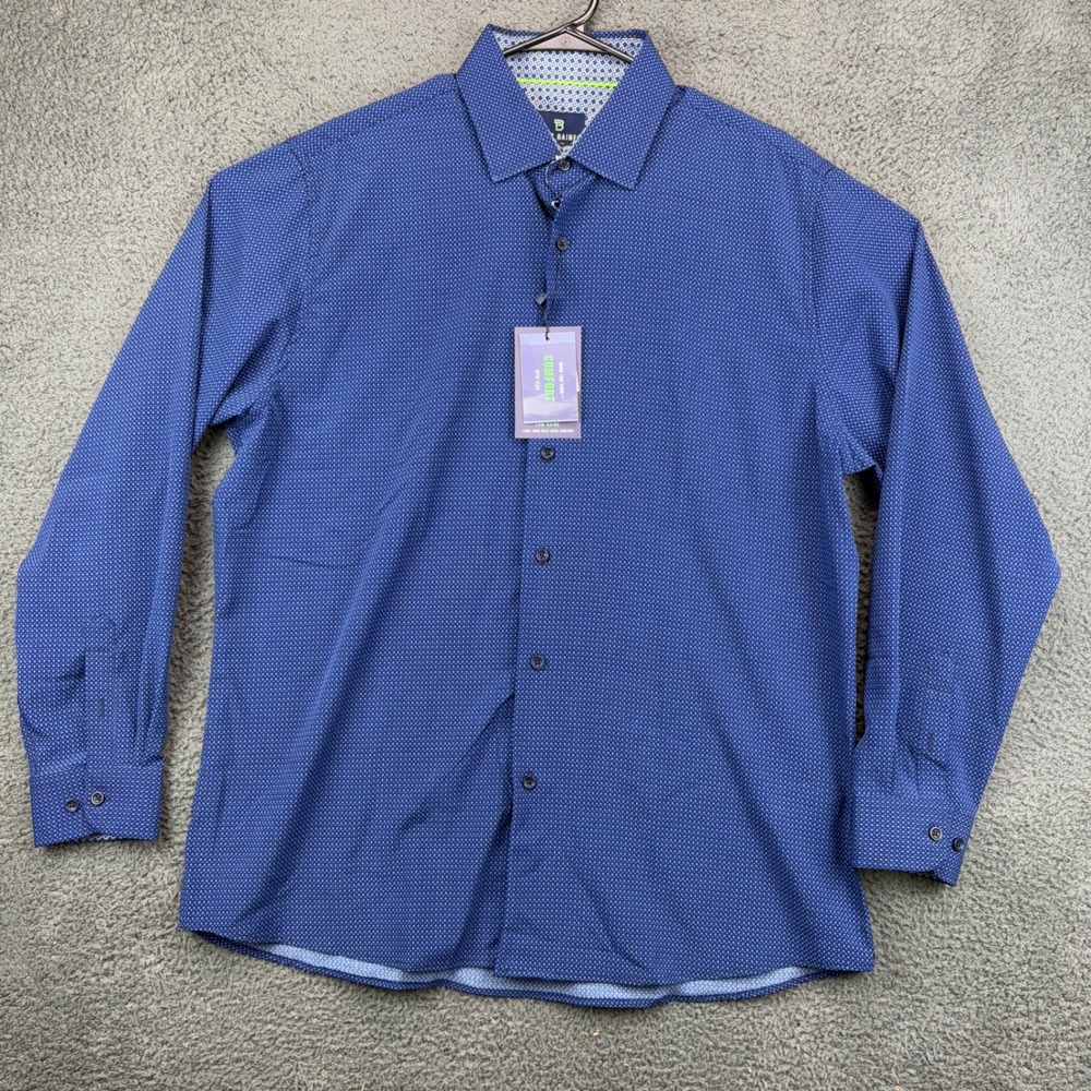 TOM BAINE Performance Collection Slim Fit Men's Blue Geo Print‎ Dress Shirt XXL